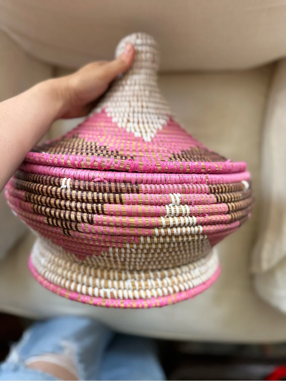 traditional African handwoven lidded basket pink brown and white EUC
